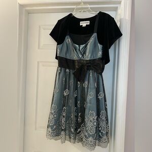 Jessica Howard Teal and Black Lace-Overlay Party Dress with Black Sash